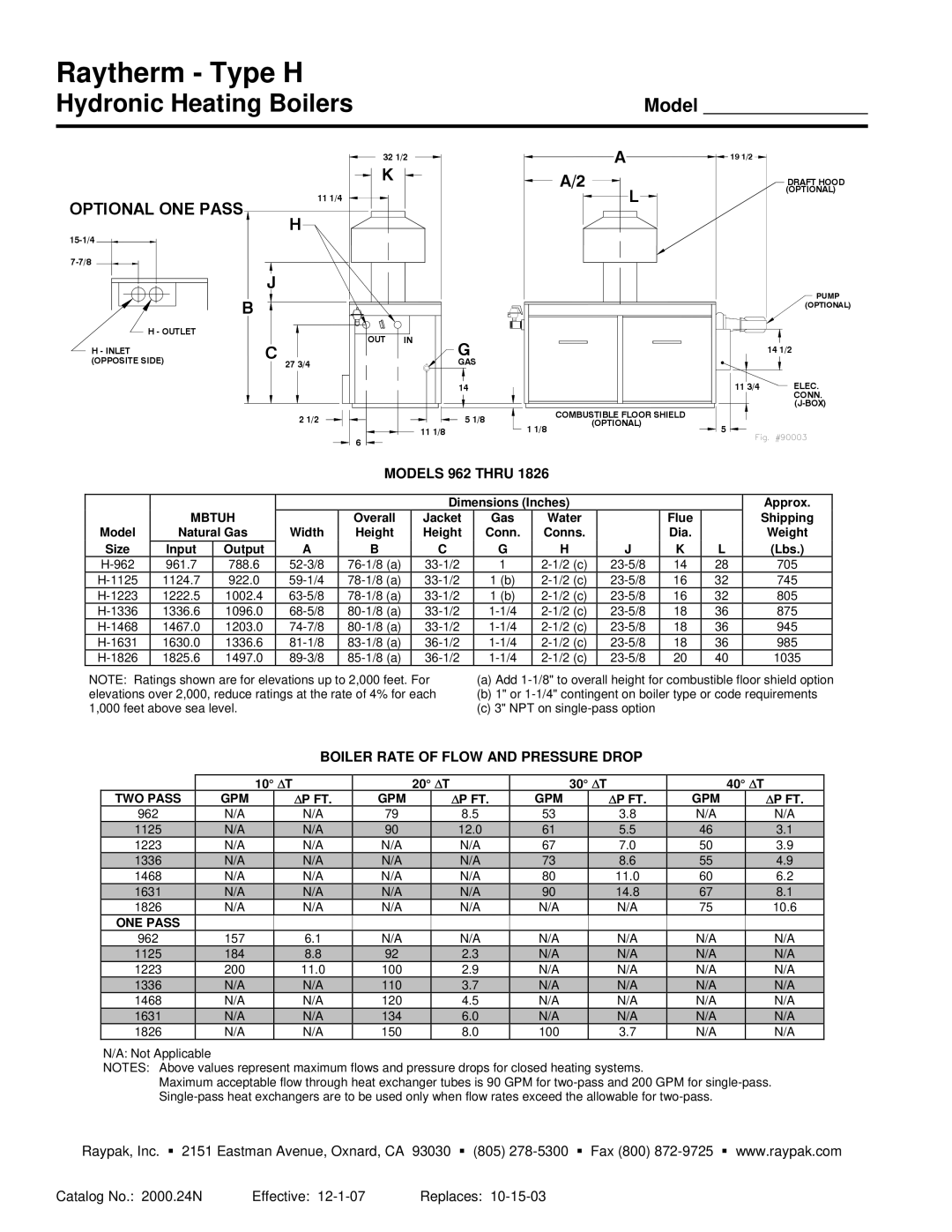 Raypak 962-1826 warranty Raytherm Type H, Models 962 Thru 