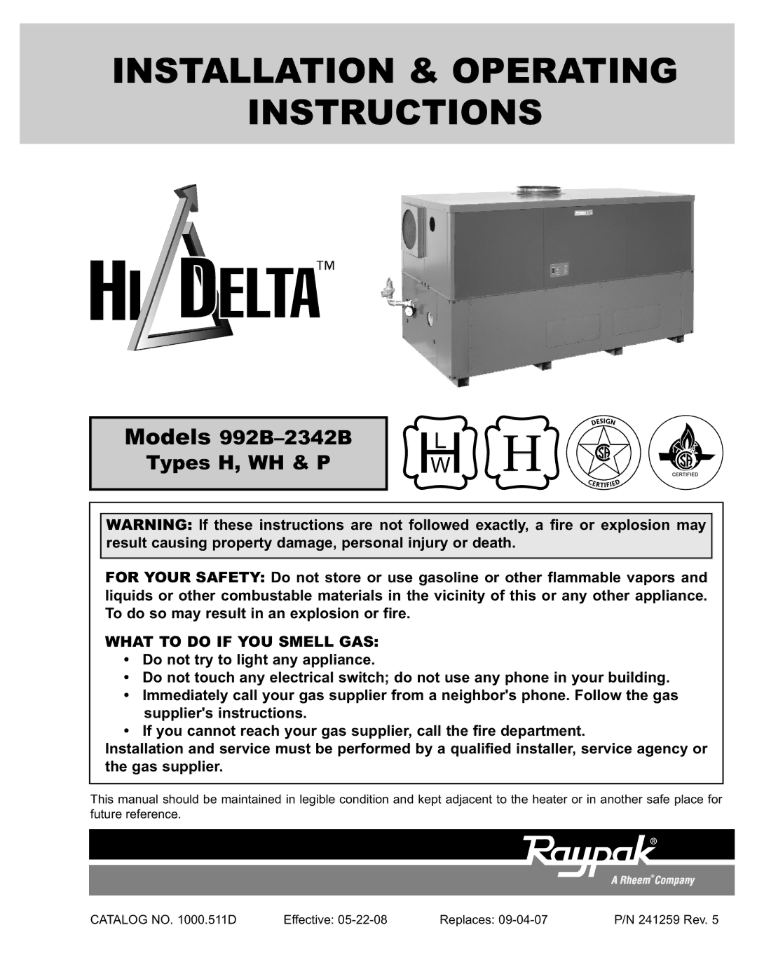 Raypak 992B-1262B manual Installation & Operating Instructions 