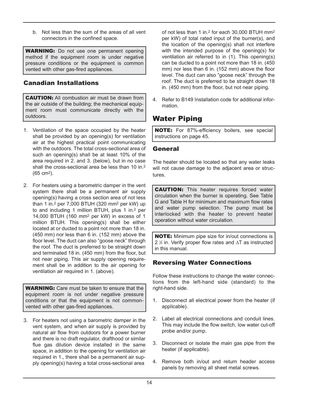 Raypak 992B-1262B manual Water Piping, Canadian Installations, General, Reversing Water Connections 