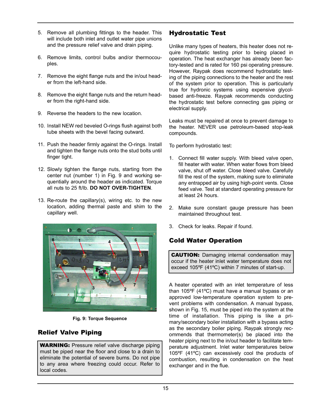 Raypak 992B-1262B manual Relief Valve Piping Hydrostatic Test, Cold Water Operation 