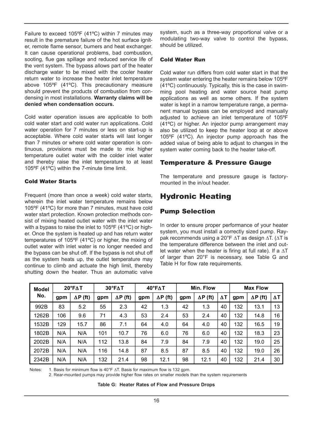 Raypak 992B-1262B manual Hydronic Heating, Temperature & Pressure Gauge, Pump Selection 