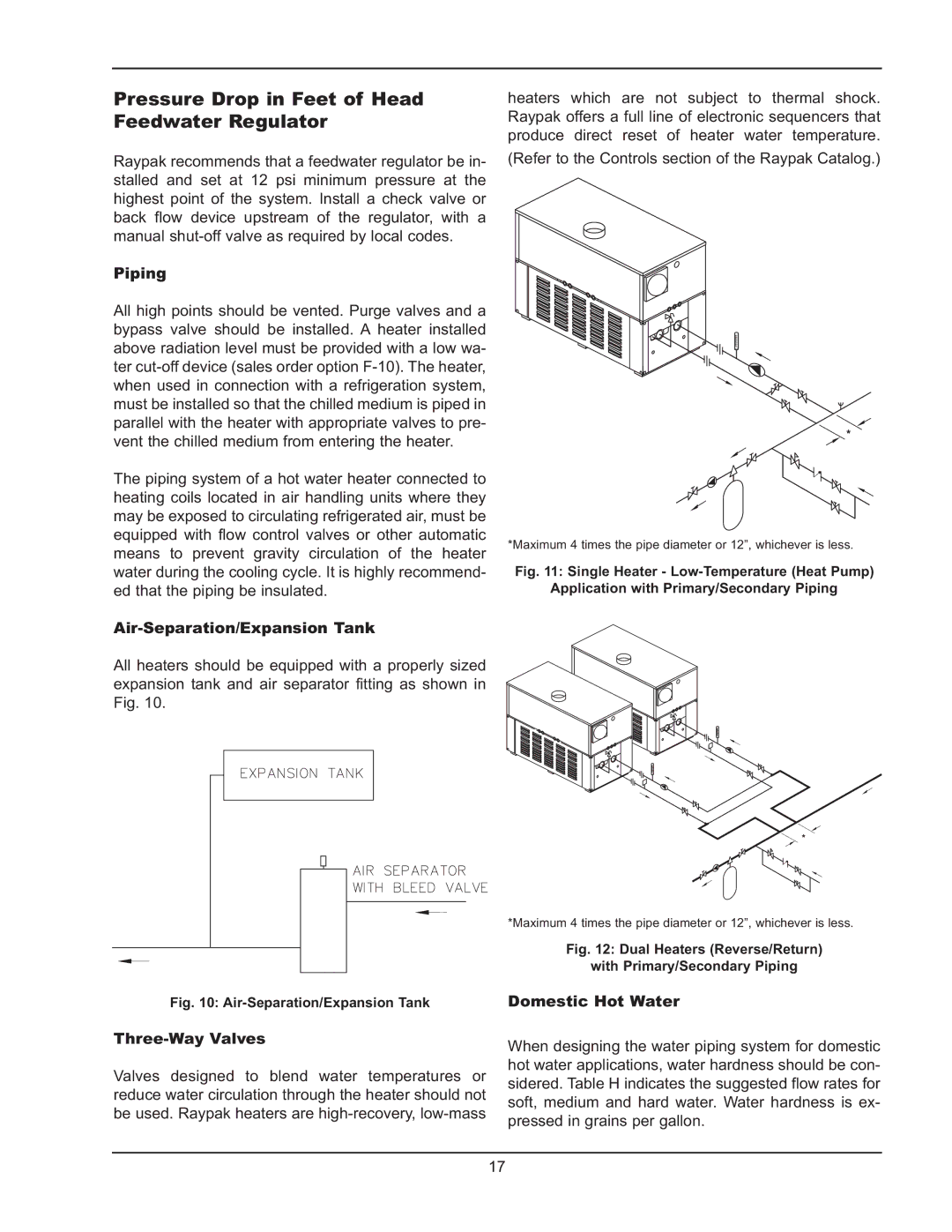 Raypak 992B-1262B manual Pressure Drop in Feet of Head Feedwater Regulator, Piping, Air-Separation/Expansion Tank 