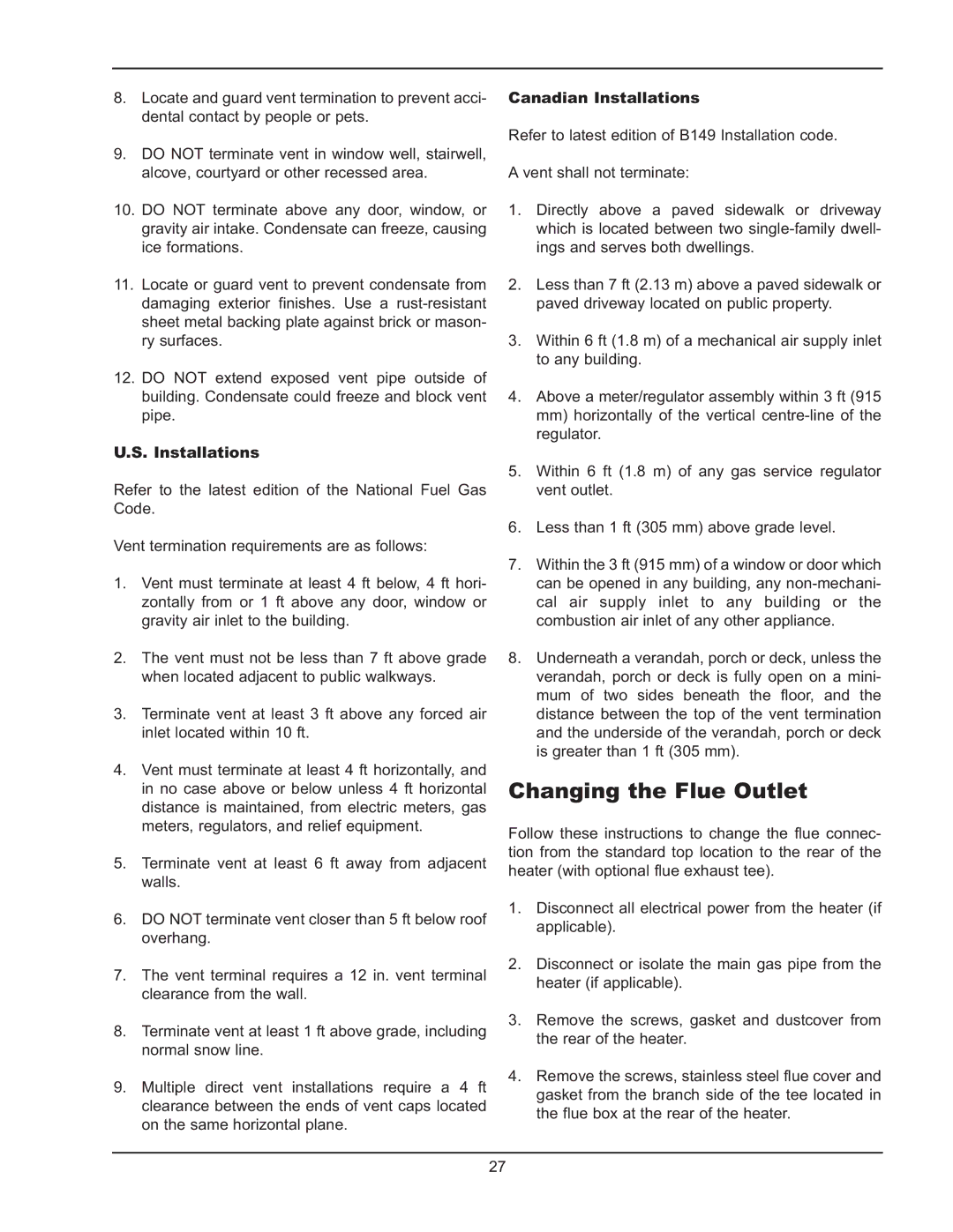 Raypak 992B-1262B manual Changing the Flue Outlet, Canadian Installations 