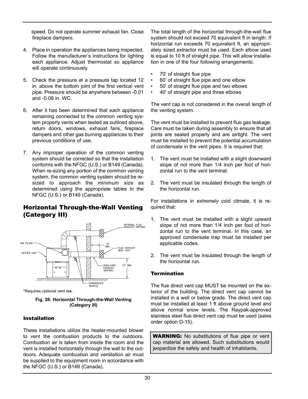 Raypak 992B-1262B manual Horizontal Through-the-Wall Venting Category 