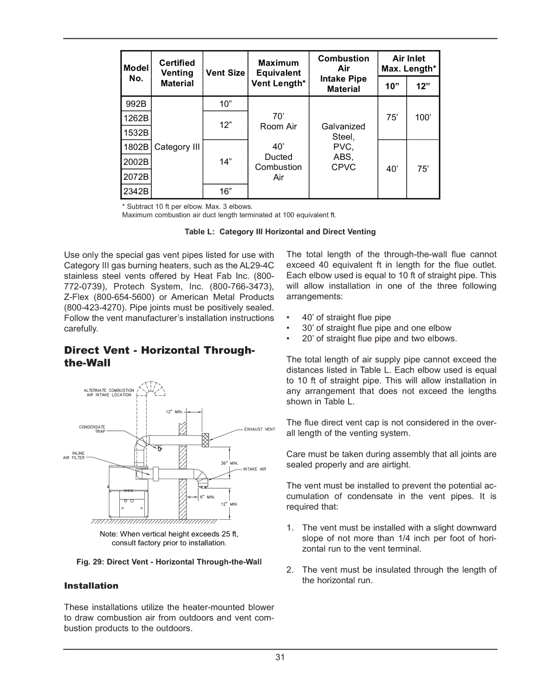 Raypak 992B-1262B manual Direct Vent Horizontal Through- the-Wall, Model Certified Maximum Combustion Air Inlet, Venting 