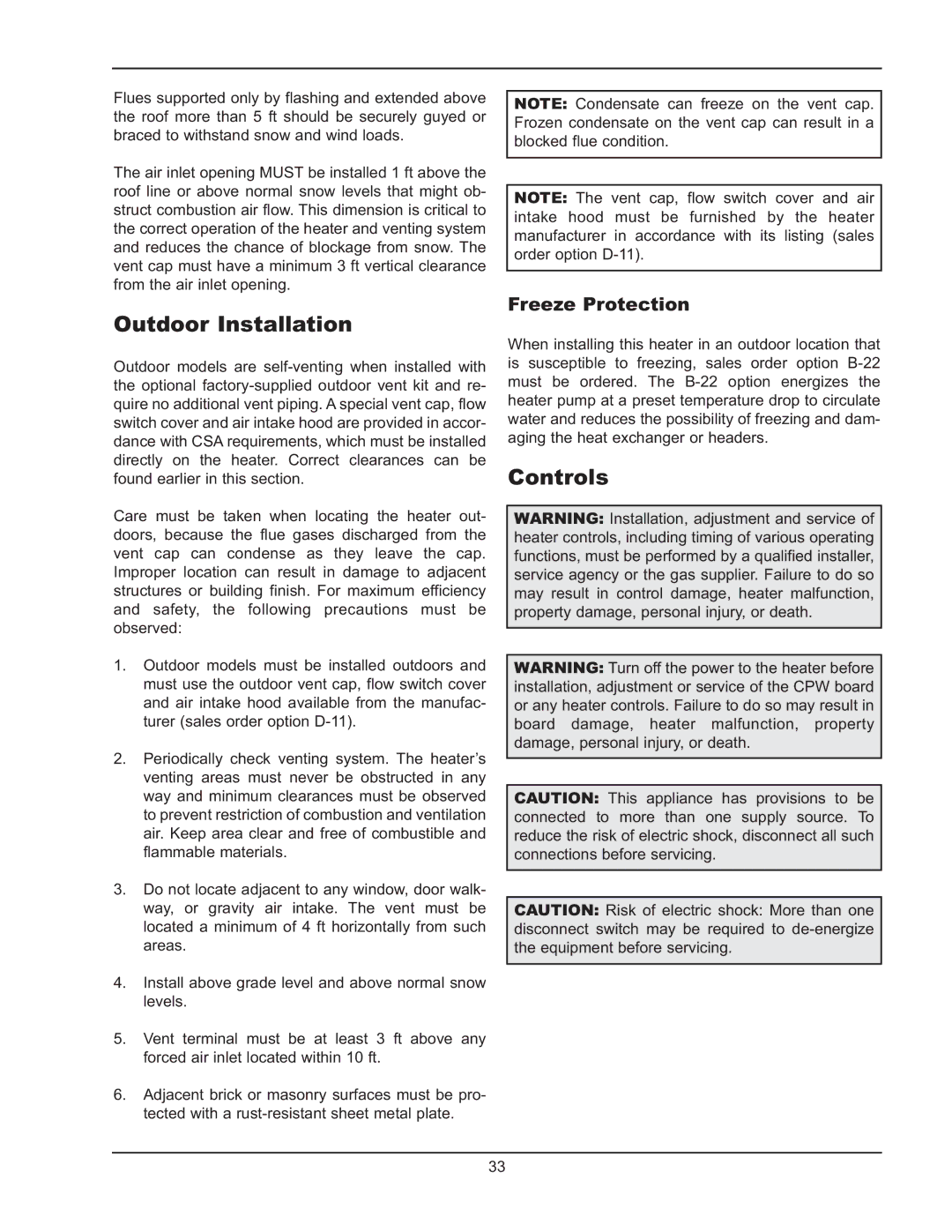 Raypak 992B-1262B manual Outdoor Installation, Controls, Freeze Protection 