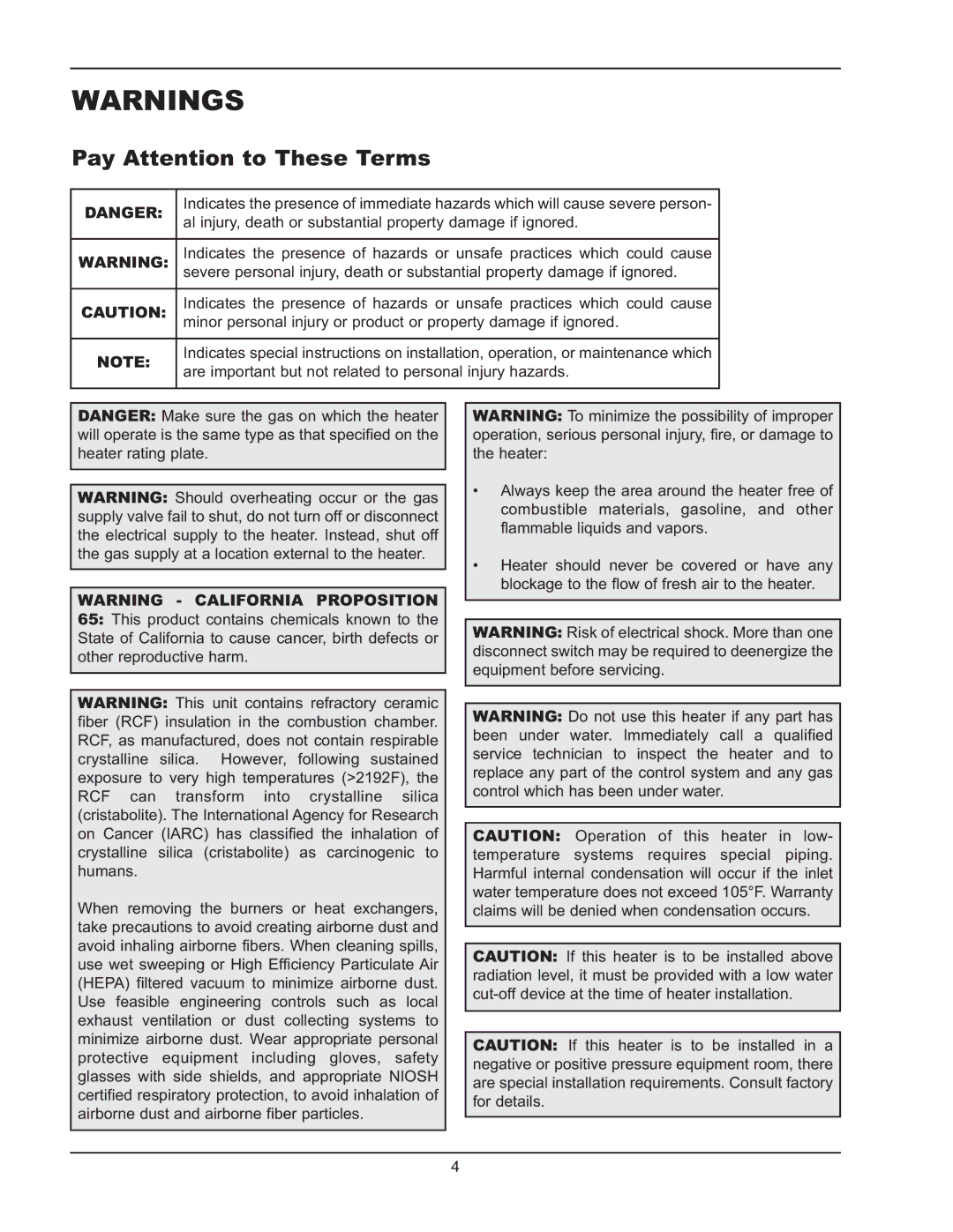 Raypak 992B-1262B manual Pay Attention to These Terms 