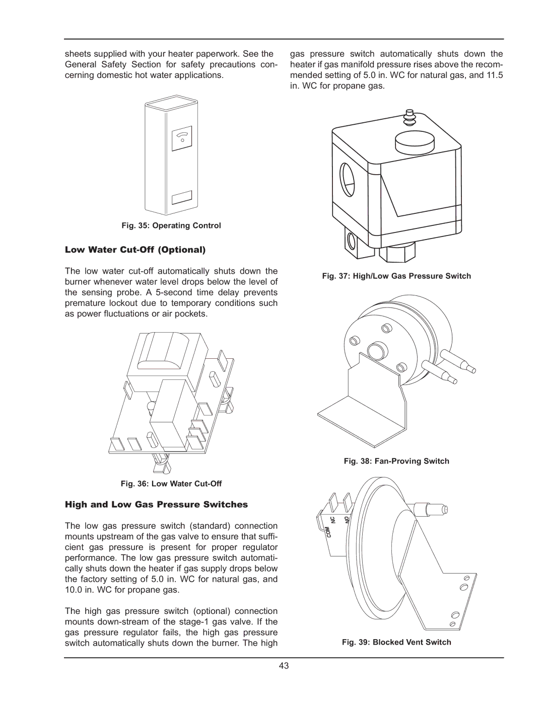 Raypak 992B-1262B manual Low Water Cut-Off Optional, High and Low Gas Pressure Switches 