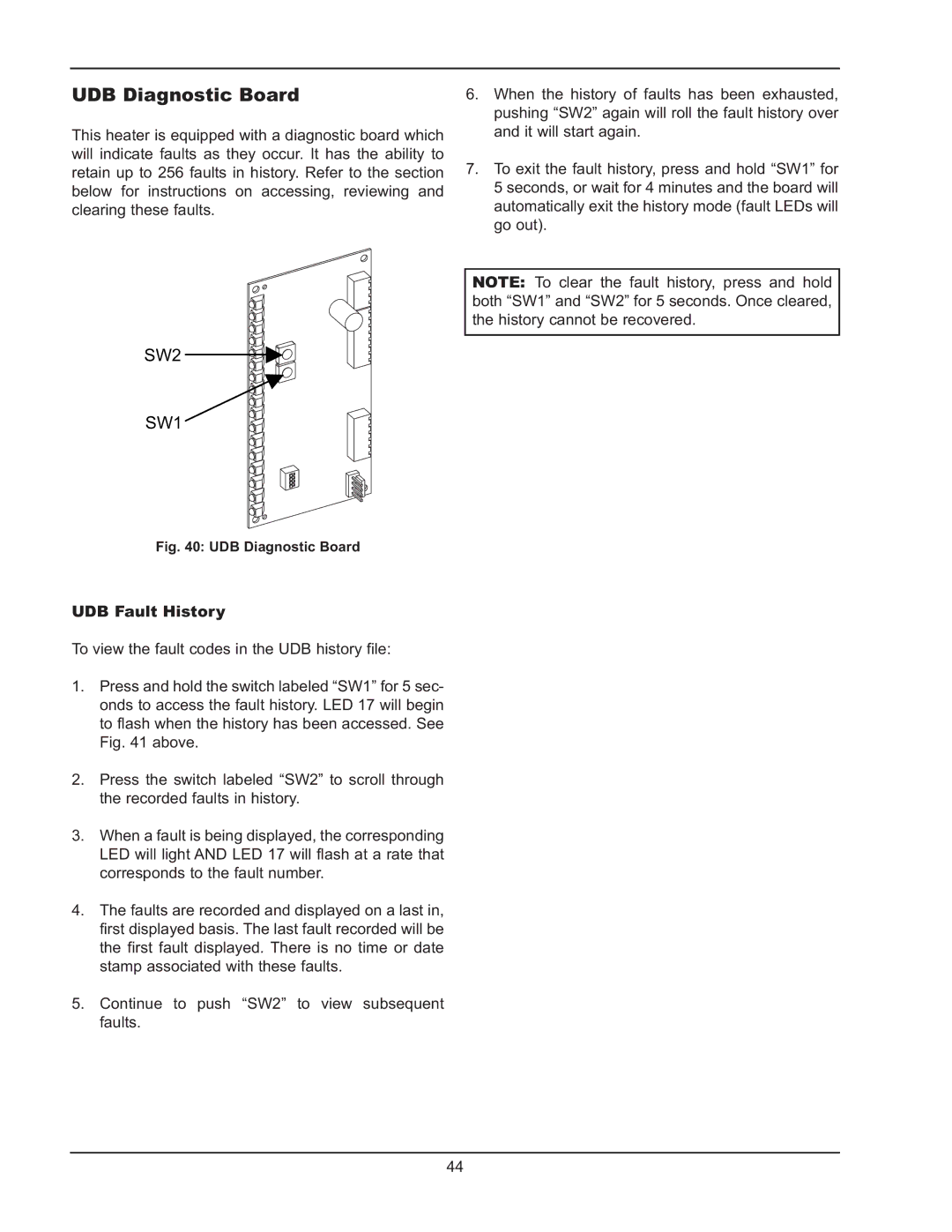 Raypak 992B-1262B manual UDB Diagnostic Board, UDB Fault History 