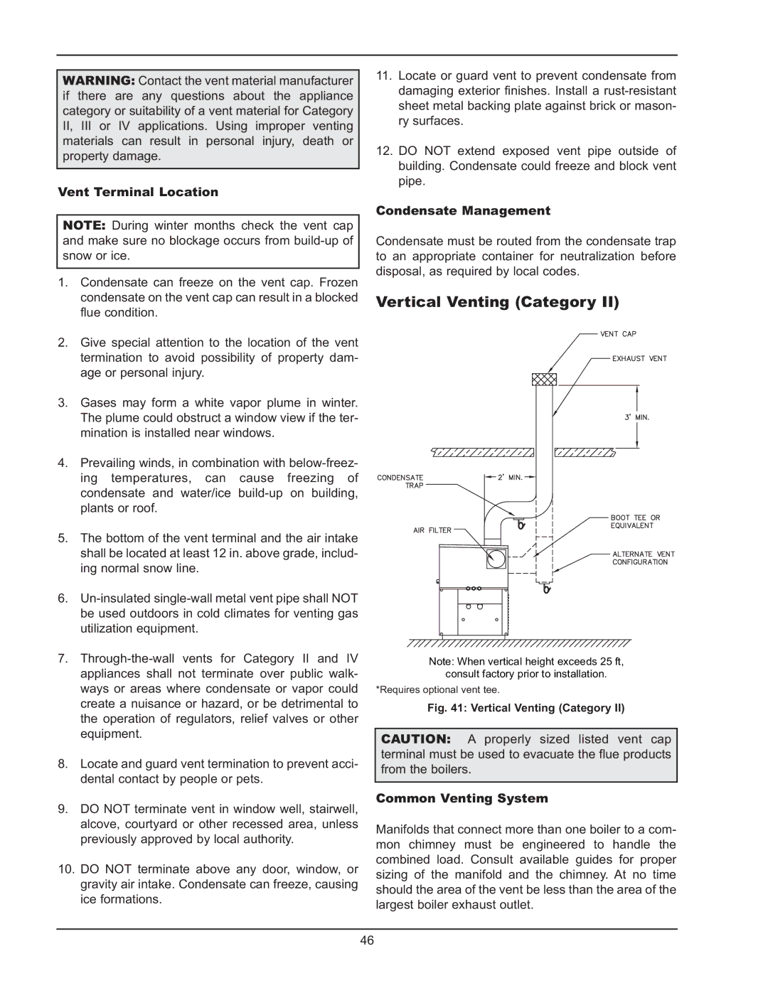 Raypak 992B-1262B manual Vertical Venting Category, Vent Terminal Location, Condensate Management 