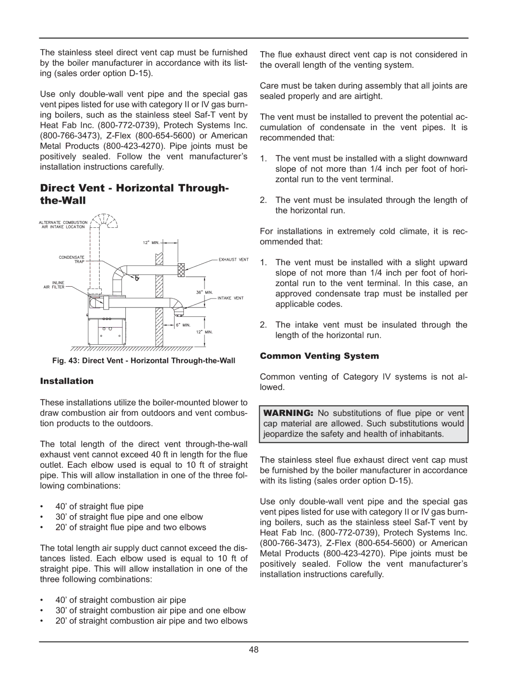 Raypak 992B-1262B manual Direct Vent Horizontal Through- the-Wall 