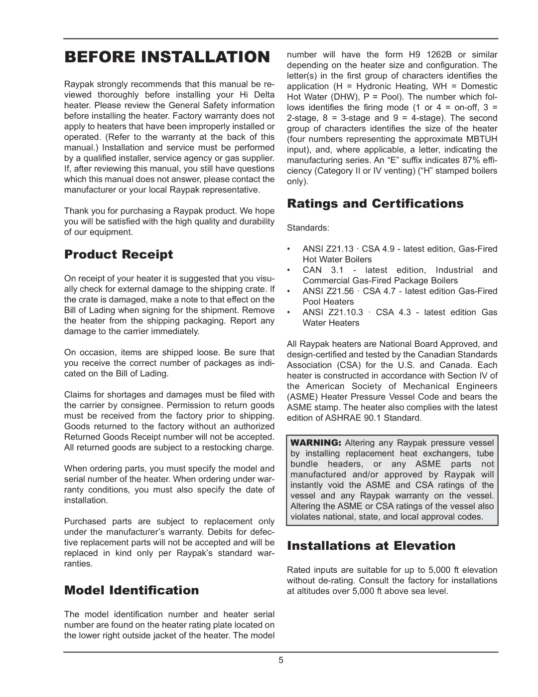 Raypak 992B-1262B manual Before Installation, Product Receipt, Model Identification, Ratings and Certifications 