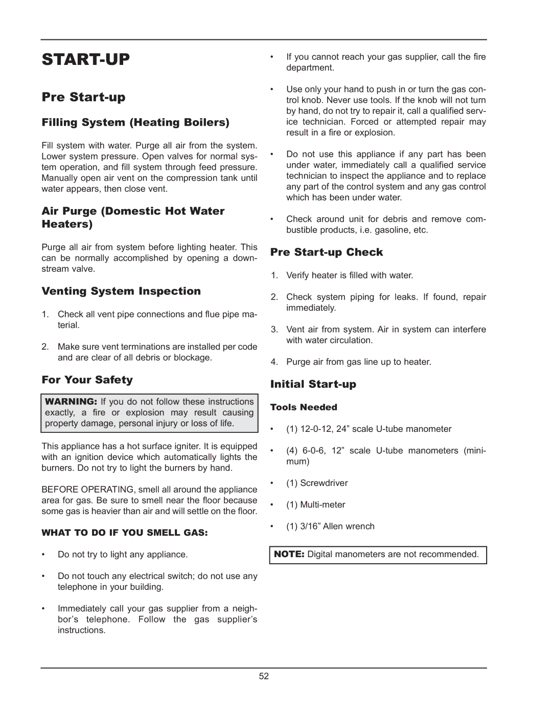 Raypak 992B-1262B manual Start-Up, Pre Start-up 