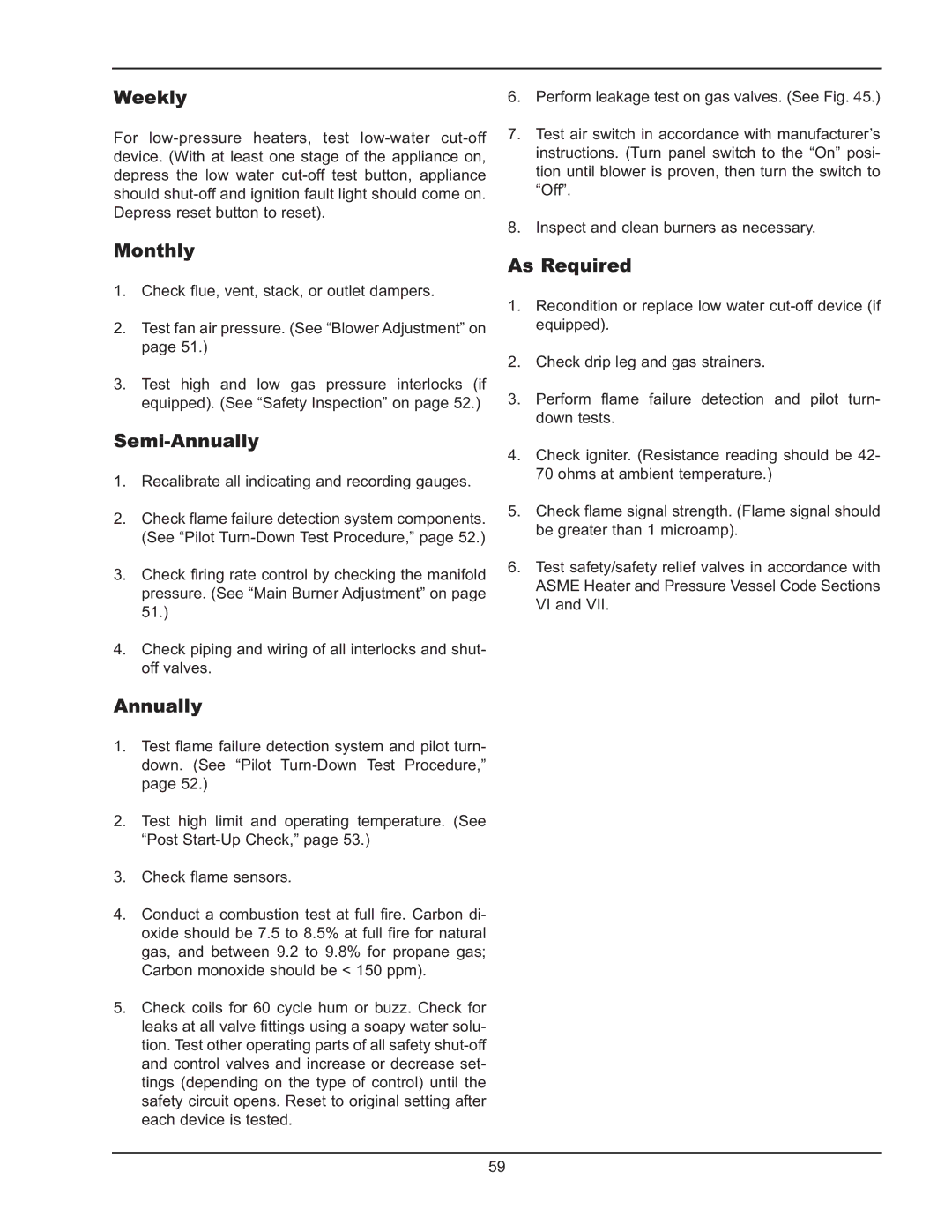 Raypak 992B-1262B manual Weekly, Semi-Annually, As Required 