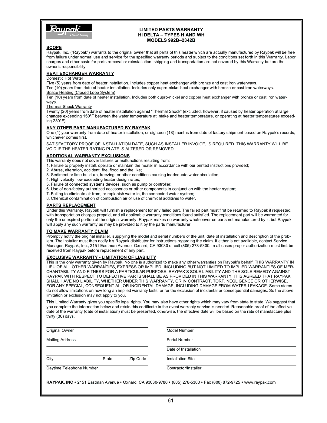 Raypak 992B-1262B manual Limited Parts Warranty HI Delta Types H and WH 