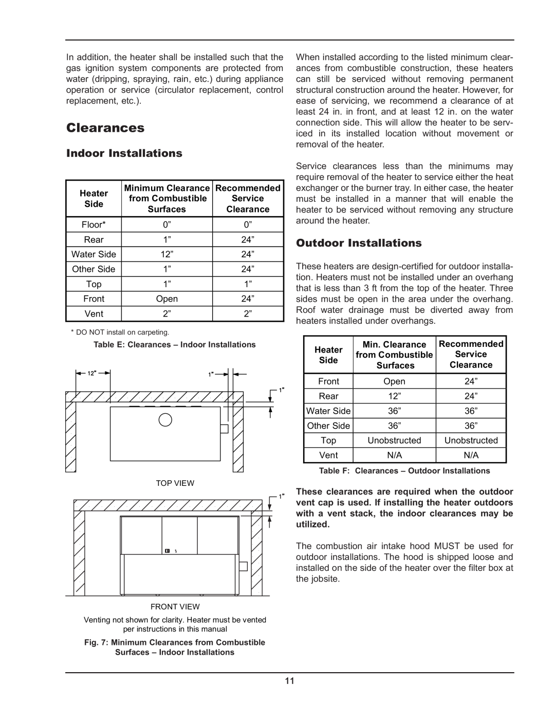 Raypak 992B-1262B manual Clearances, Indoor Installations, Outdoor Installations 