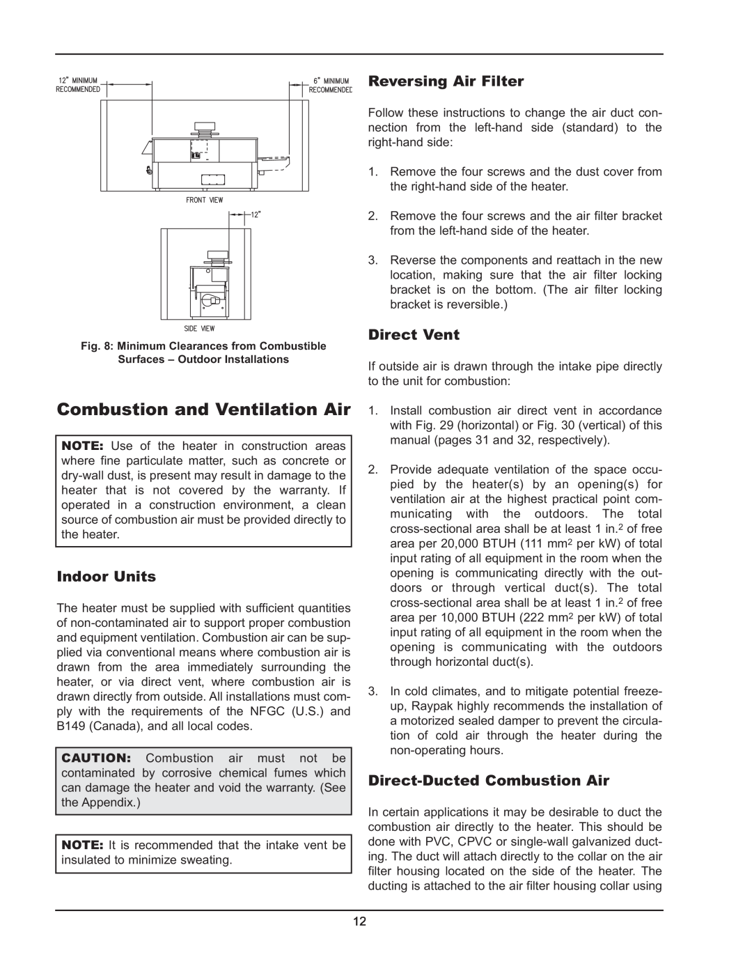 Raypak 992B-1262B manual Combustion and Ventilation Air, Indoor Units, Reversing Air Filter, Direct Vent 