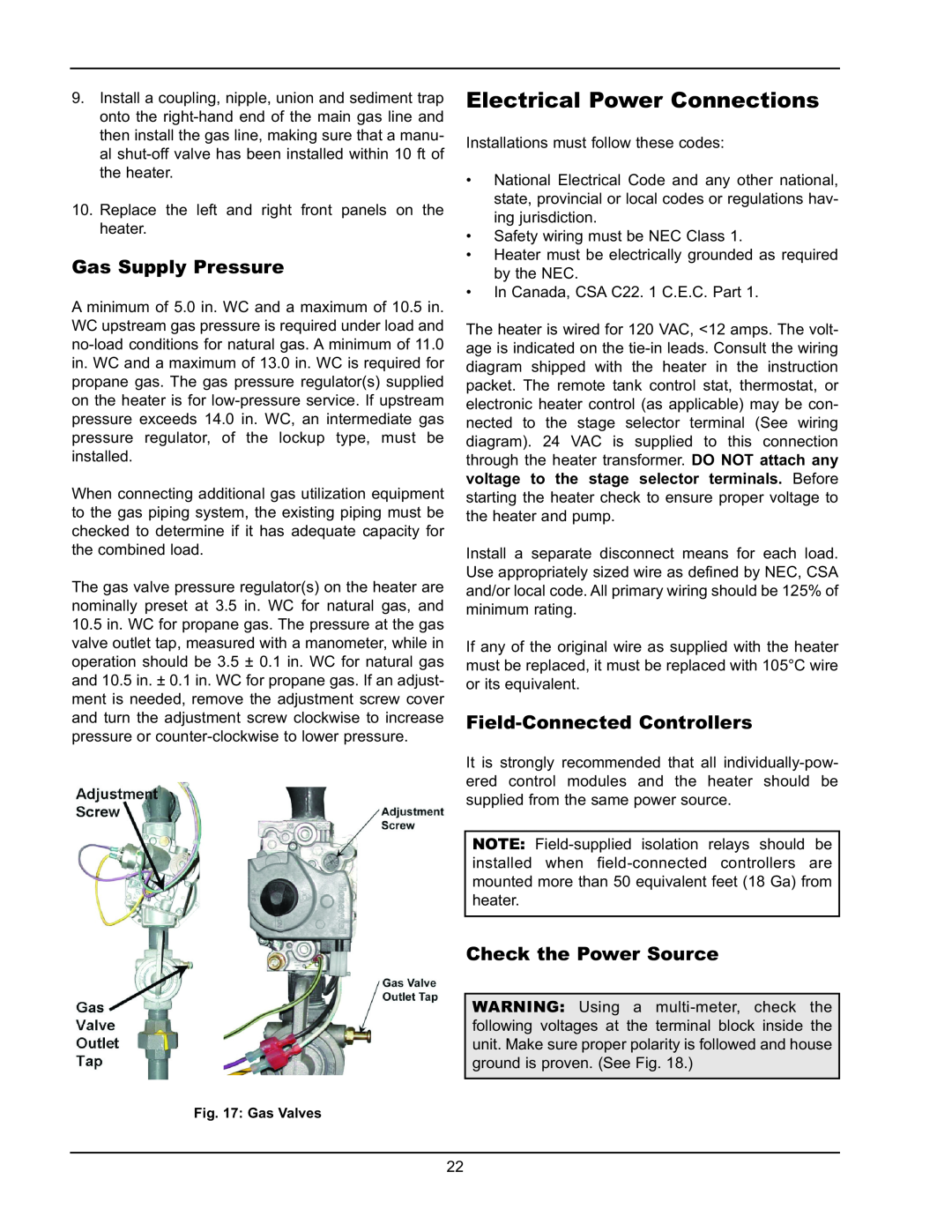 Raypak 992B-1262B Electrical Power Connections, Gas Supply Pressure, Field-ConnectedControllers, Check the Power Source 