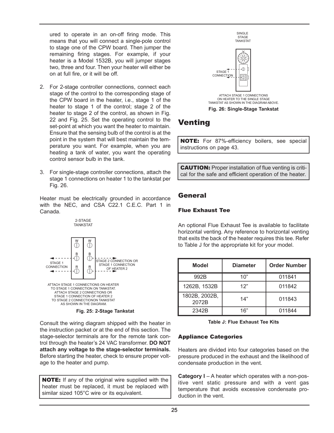 Raypak 992B-1262B manual Venting, Flue Exhaust Tee, Model, Diameter, Order Number, Appliance Categories 