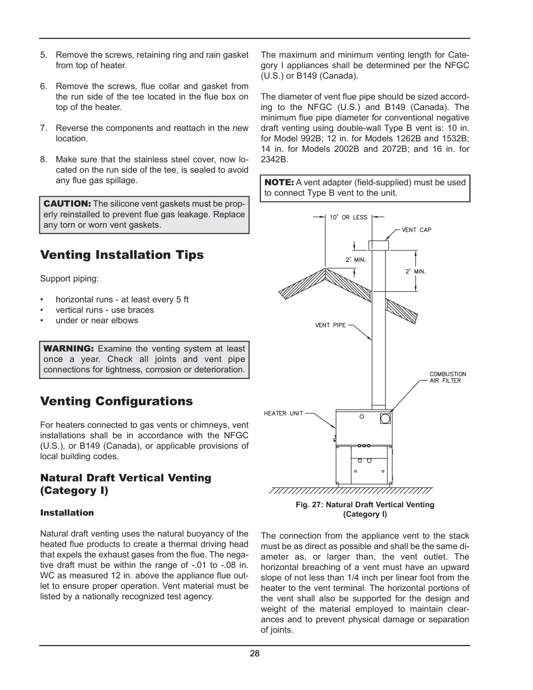 Raypak 992B-1262B manual Venting Installation Tips, Venting Configurations, Natural Draft Vertical Venting Category 