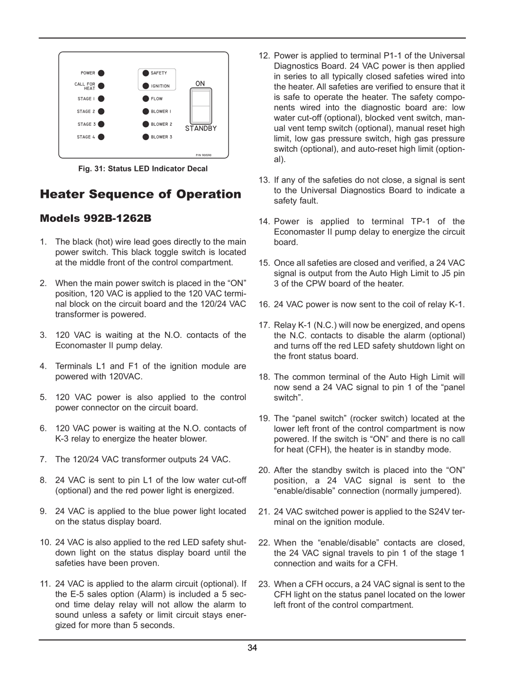 Raypak manual Heater Sequence of Operation, Models 992B-1262B 