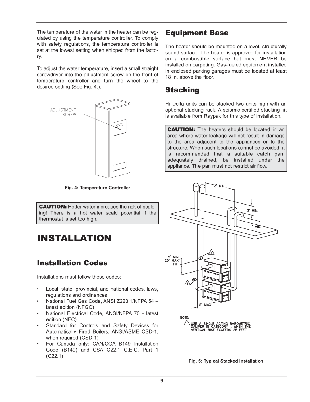 Raypak 992B-1262B manual Equipment Base, Stacking, Installation Codes 