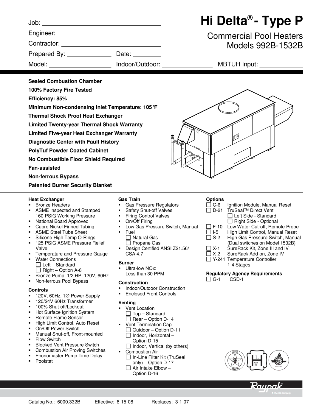 Raypak 992B-1532B warranty Heat Exchanger, Controls, Gas Train, Burner, Construction, Venting, Options 