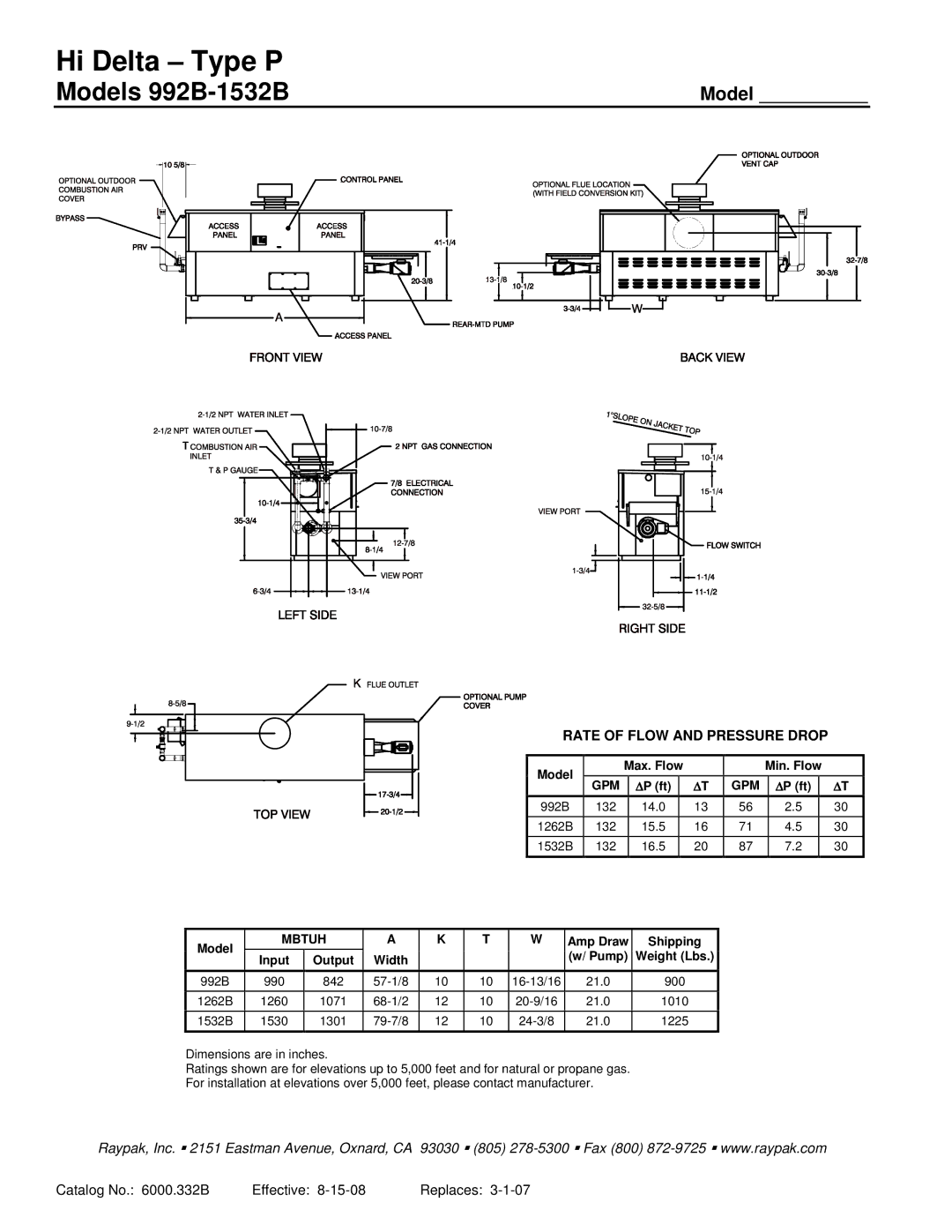 Raypak 992B-1532B warranty Hi Delta Type P 