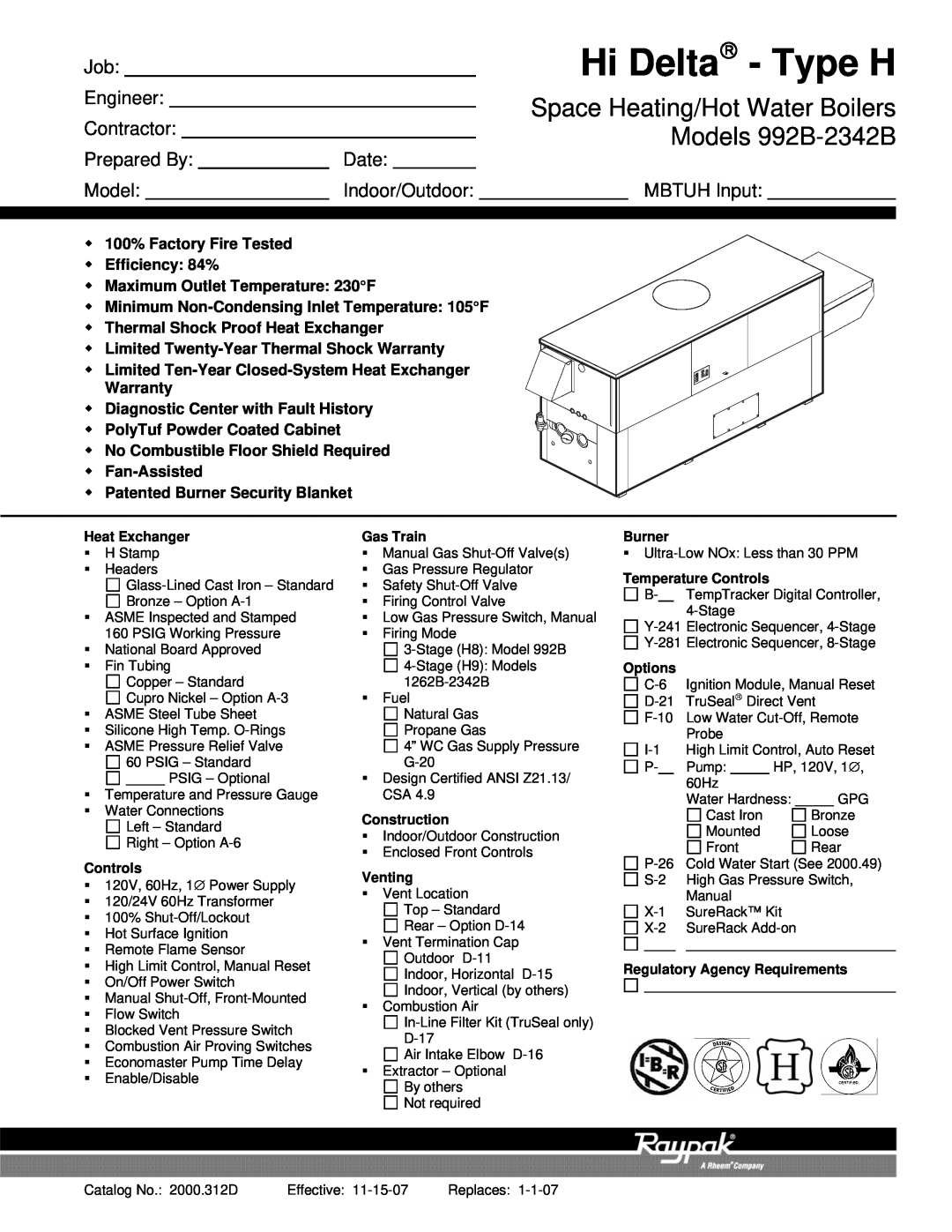 Raypak warranty Hi Delta→ - Type H, Space Heating/Hot Water Boilers, Models 992B-2342B, Engineer, Contractor, Date 