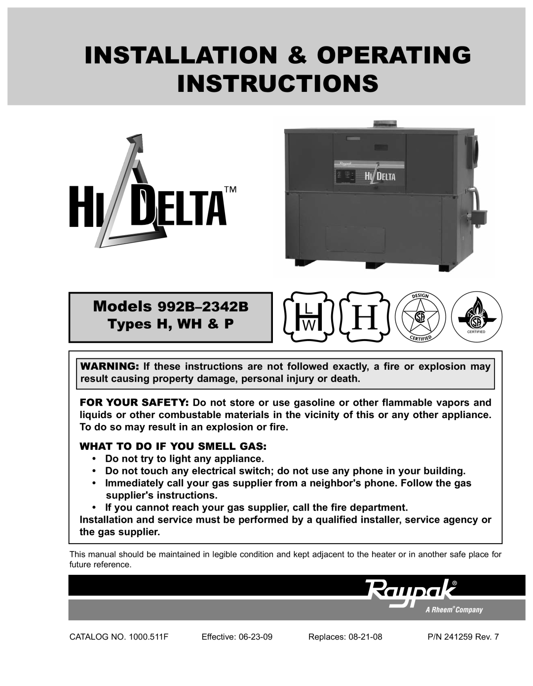 Raypak 992B manual Installation & Operating Instructions 