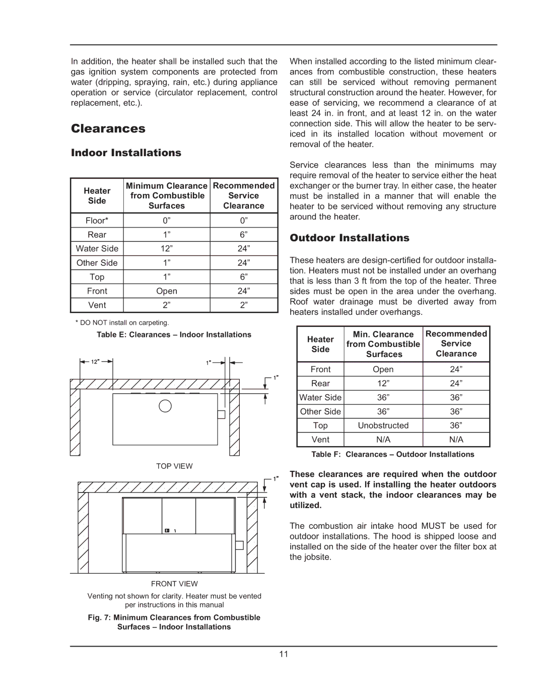 Raypak 992B manual Clearances, Indoor Installations, Outdoor Installations 