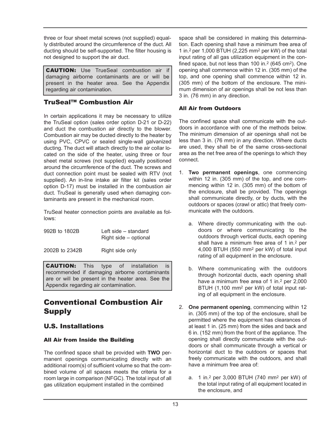 Raypak 992B Conventional Combustion Air Supply, TruSeal Combustion Air, Installations, All Air from Inside the Building 