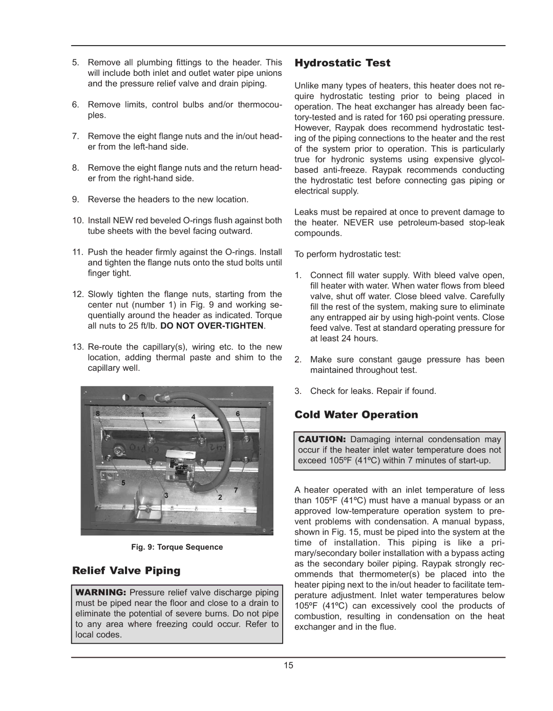 Raypak 992B manual Relief Valve Piping Hydrostatic Test, Cold Water Operation 