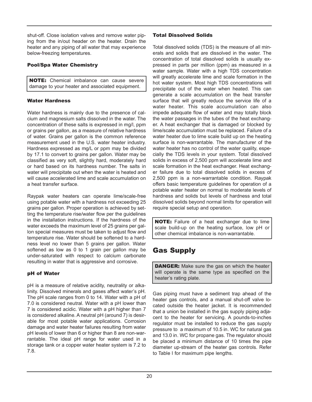 Raypak 992B manual Gas Supply, Pool/Spa Water Chemistry Water Hardness, PH of Water, Total Dissolved Solids 