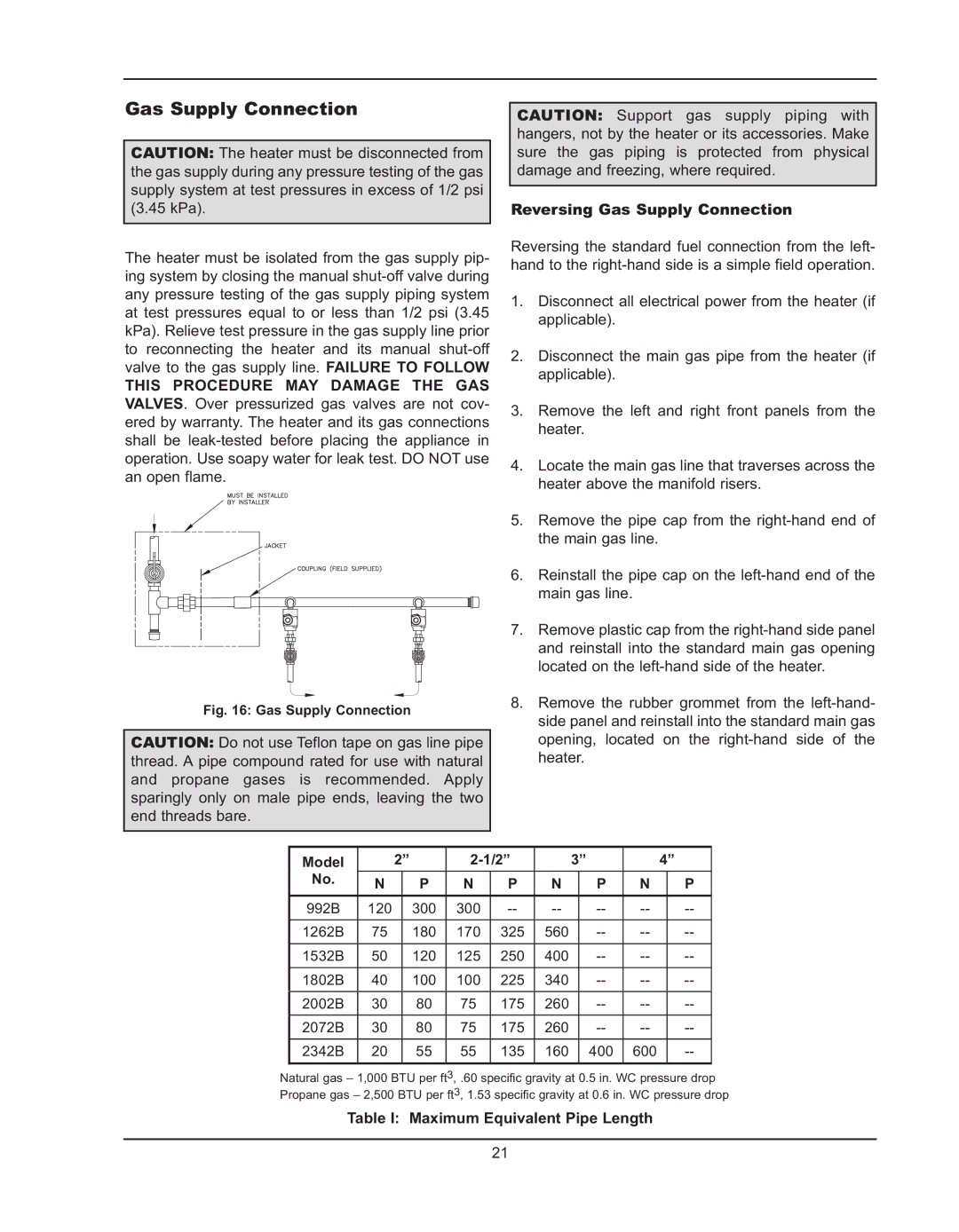 Raypak 992B manual Reversing Gas Supply Connection, Model, Table I Maximum Equivalent Pipe Length 