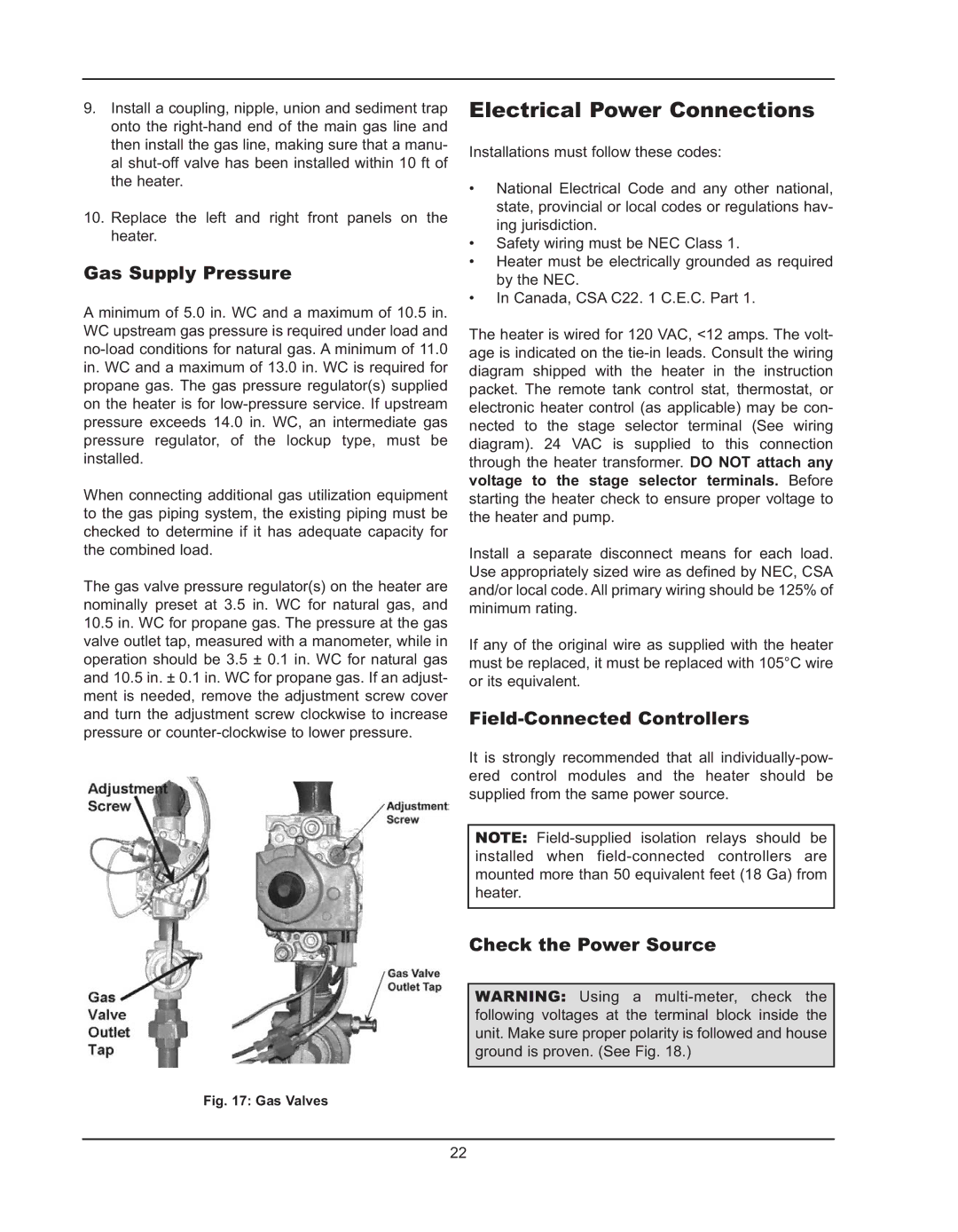 Raypak 992B manual Electrical Power Connections, Gas Supply Pressure, Field-Connected Controllers, Check the Power Source 