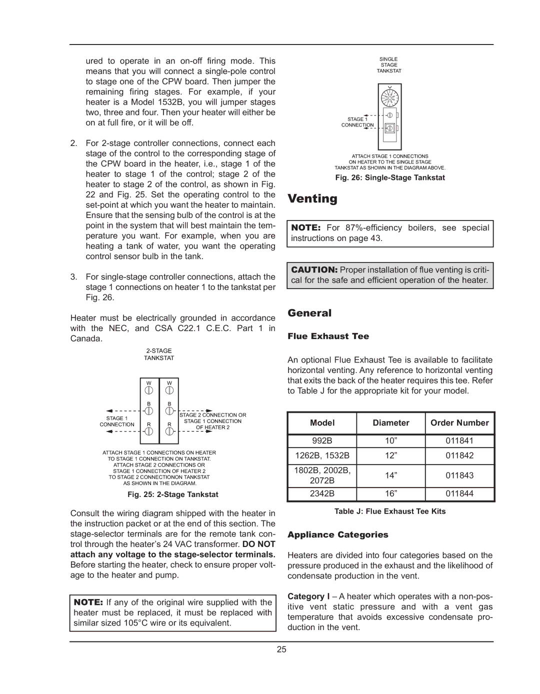 Raypak 992B manual Venting, Flue Exhaust Tee, Model Diameter Order Number, Appliance Categories 