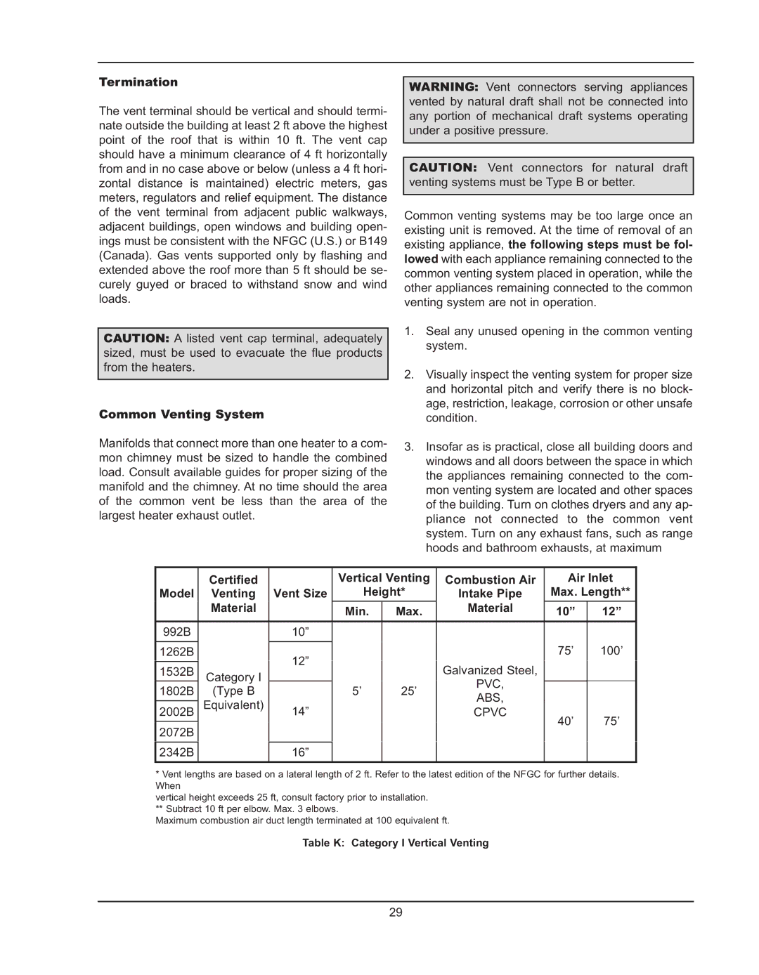 Raypak 992B manual Termination, Common Venting System, Certified Vertical Venting Combustion Air Air Inlet Model, Height 