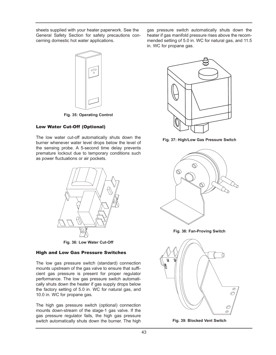 Raypak 992B manual Low Water Cut-Off Optional, High and Low Gas Pressure Switches 