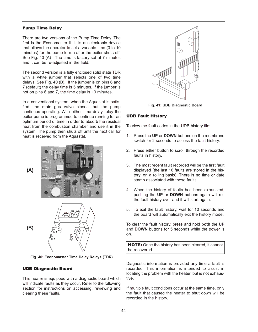 Raypak 992B manual Pump Time Delay, UDB Diagnostic Board, UDB Fault History 