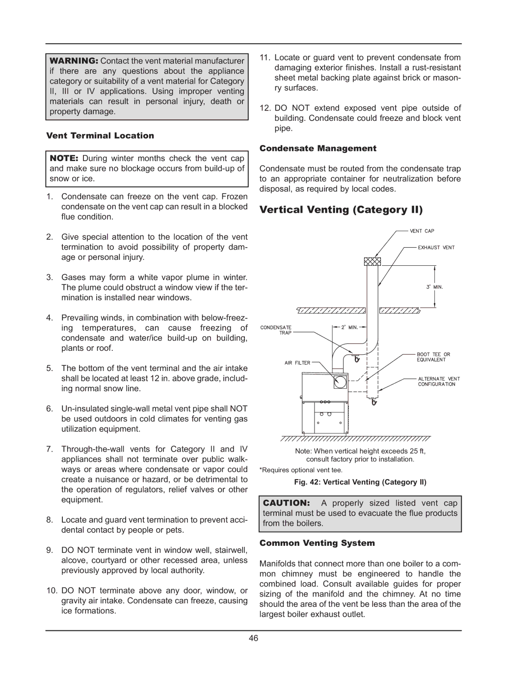 Raypak 992B manual Vertical Venting Category, Vent Terminal Location, Condensate Management 