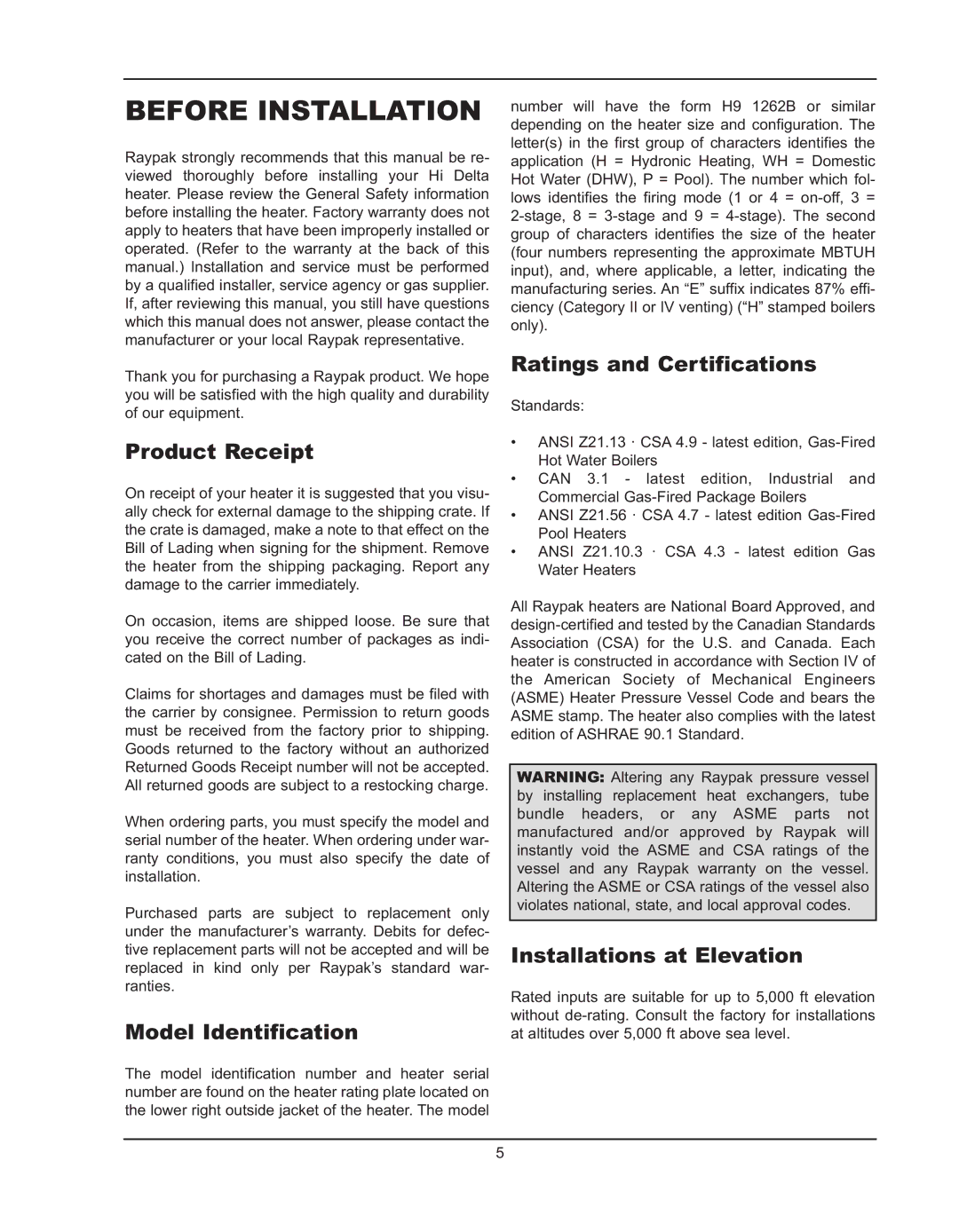 Raypak 992B manual Before Installation, Product Receipt, Model Identification, Ratings and Certifications 