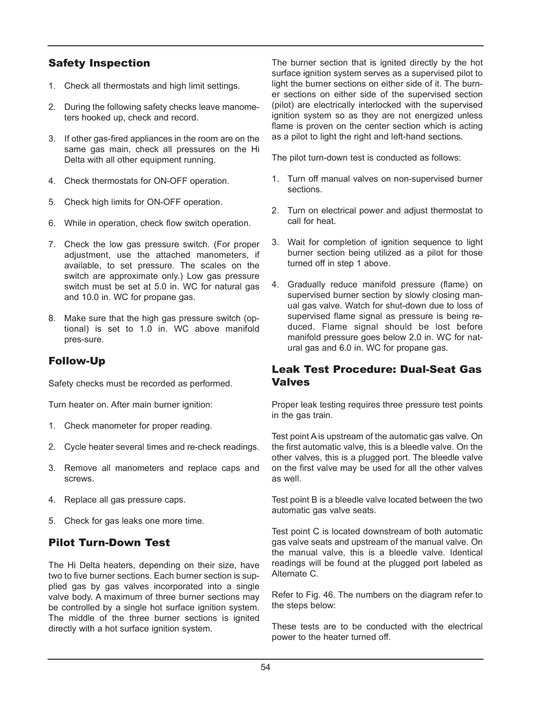 Raypak 992B manual Safety Inspection, Follow-Up, Pilot Turn-Down Test, Leak Test Procedure Dual-Seat Gas Valves 