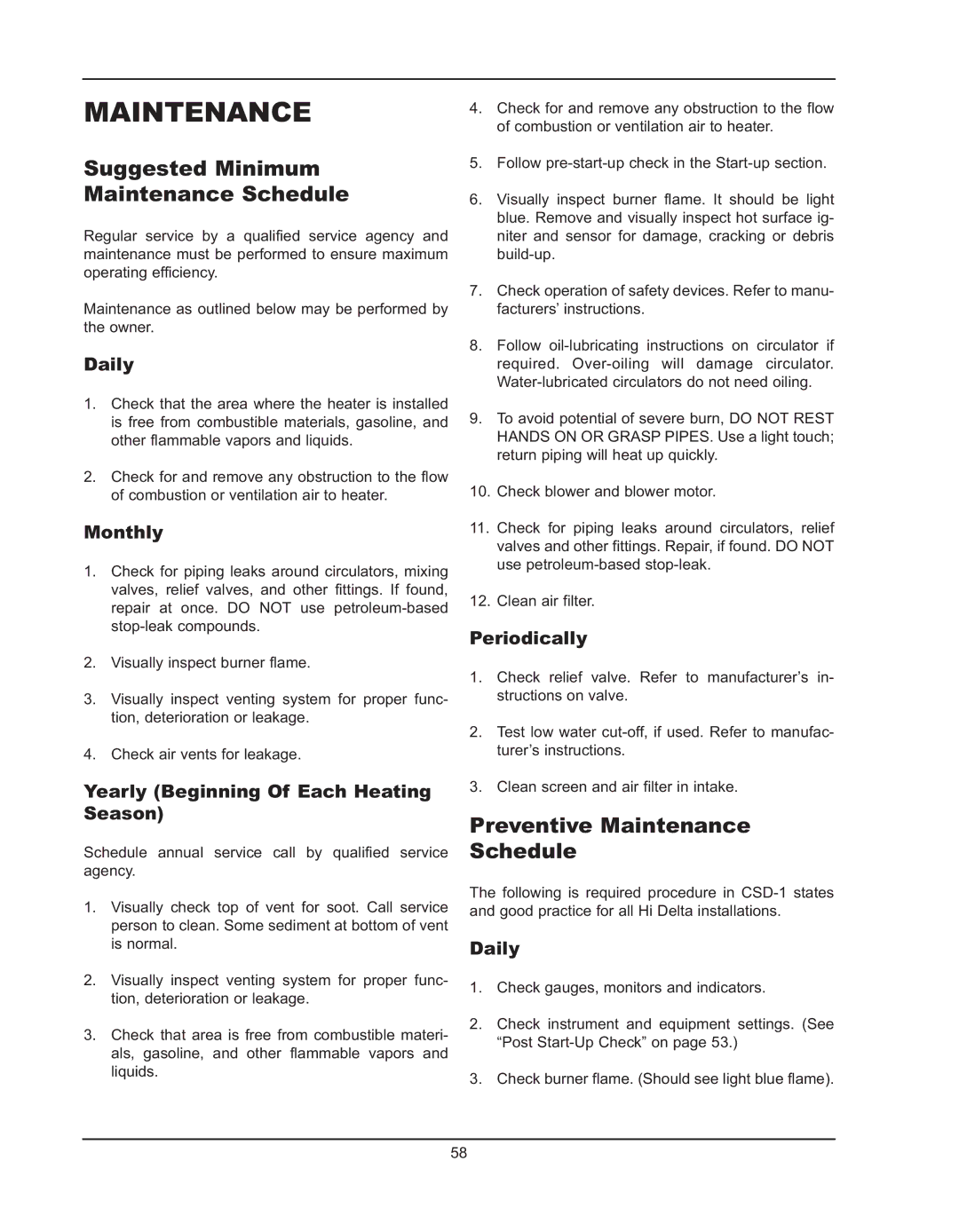 Raypak 992B manual Suggested Minimum Maintenance Schedule, Preventive Maintenance Schedule 