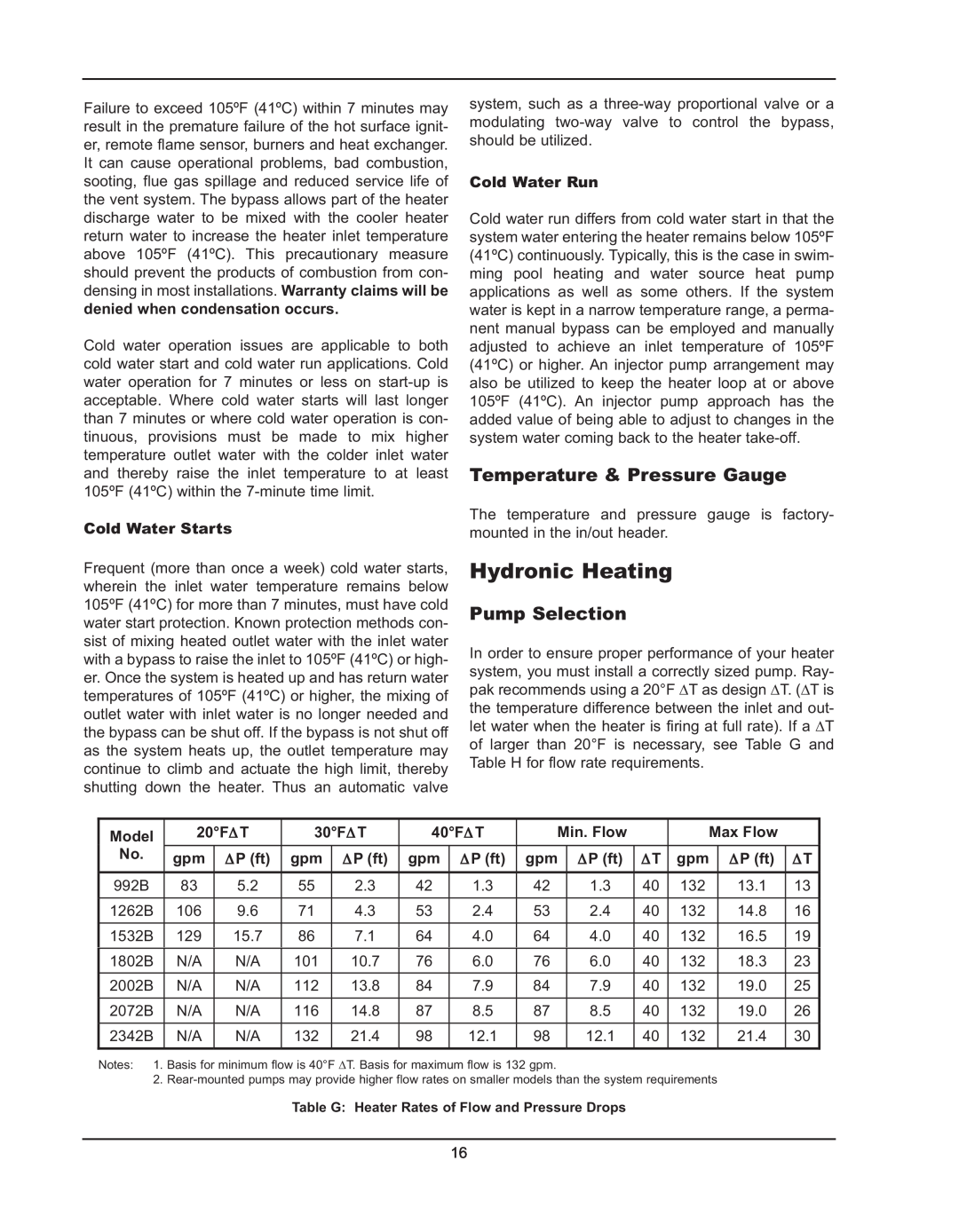 Raypak 992B manual Hydronic Heating, Temperature & Pressure Gauge, Pump Selection 