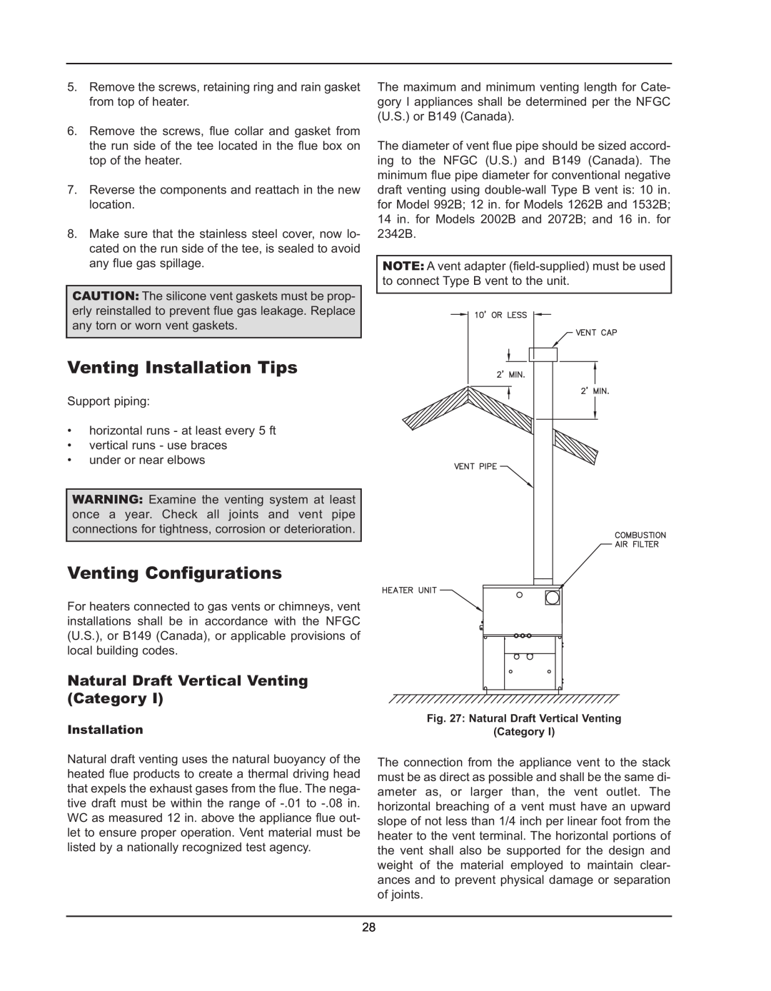 Raypak 992B manual Venting Installation Tips, Venting Configurations, Natural Draft Vertical Venting Category 