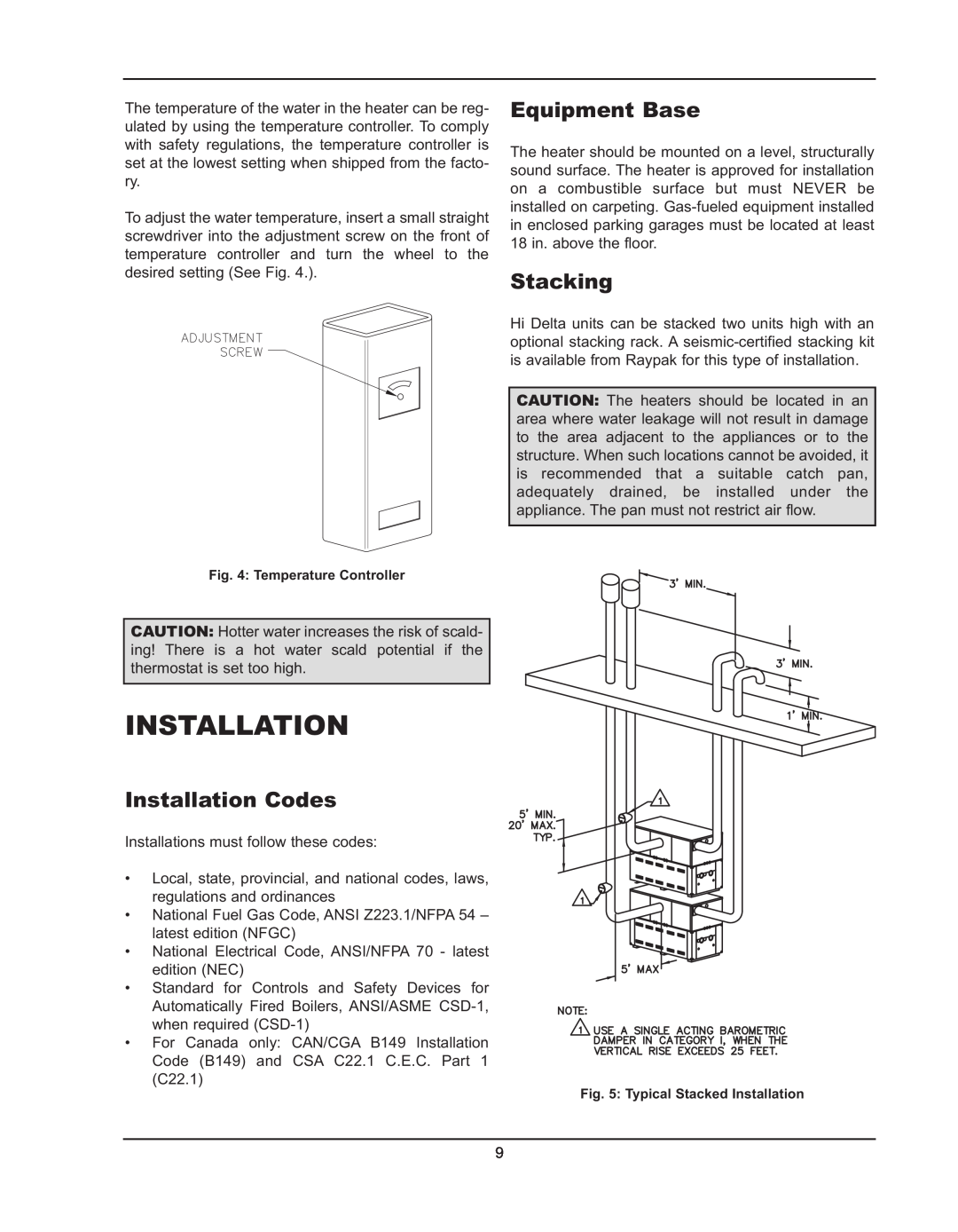 Raypak 992B manual Equipment Base, Stacking, Installation Codes 