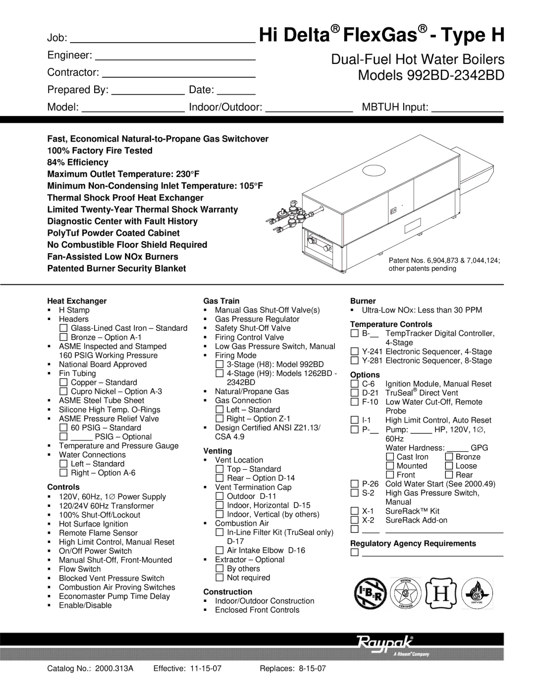 Raypak 992BD-2342BD warranty Heat Exchanger, Gas Train, Venting, Construction, Burner, Temperature Controls, Options 