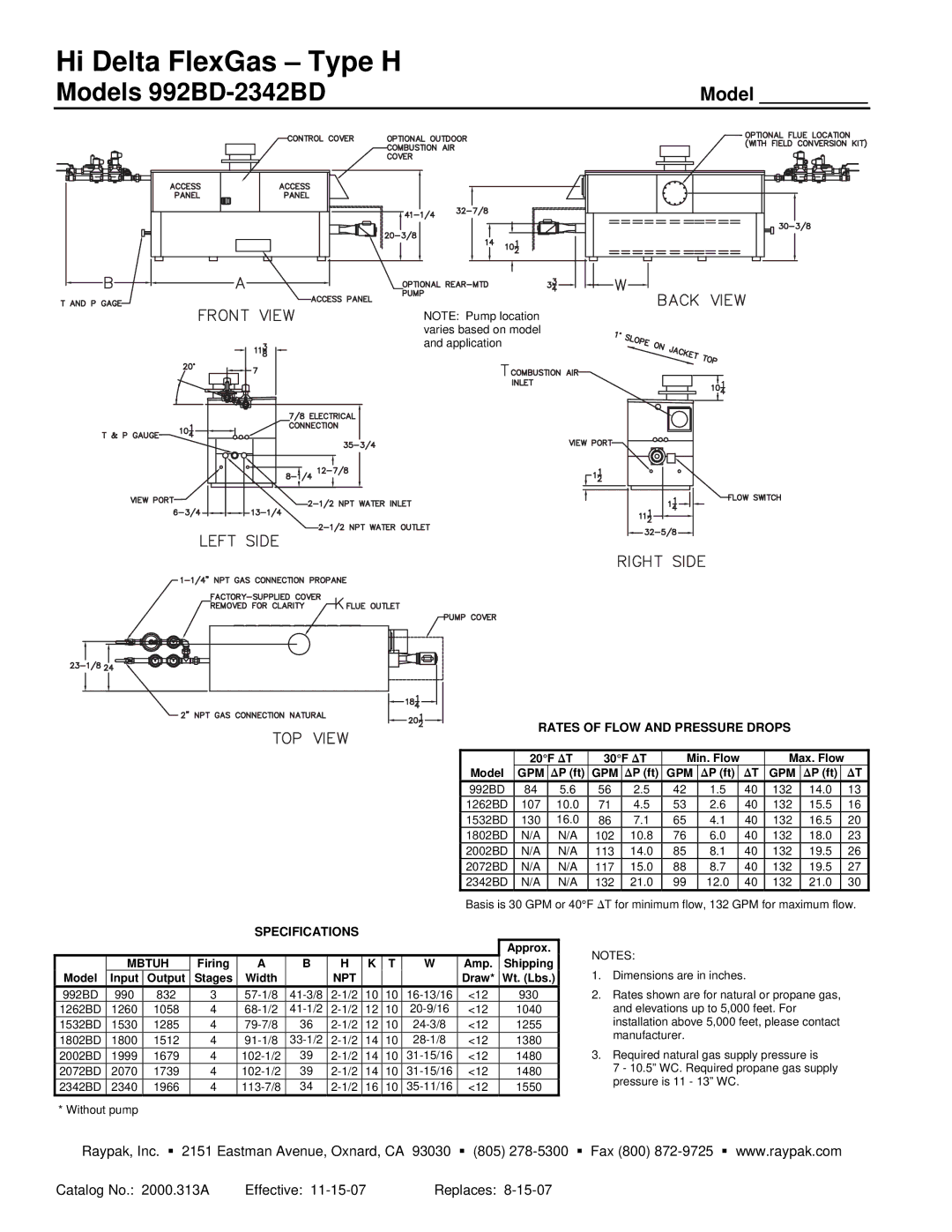 Raypak 992BD-2342BD warranty Rates of Flow and Pressure Drops, Specifications, Gpm, Mbtuh, Npt 