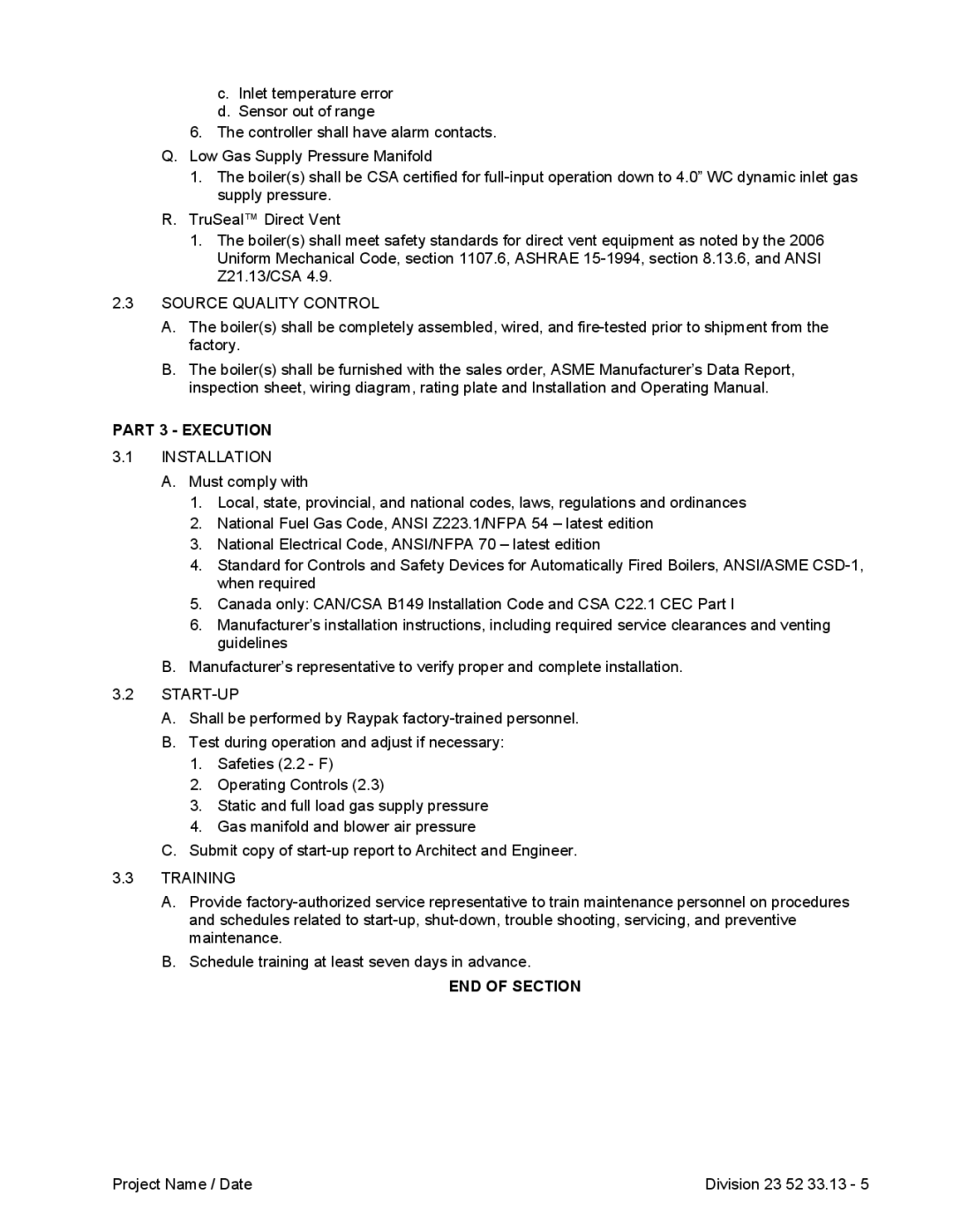 Raypak 2342BE, 992BE dimensions Part 3 Execution, END of Section 